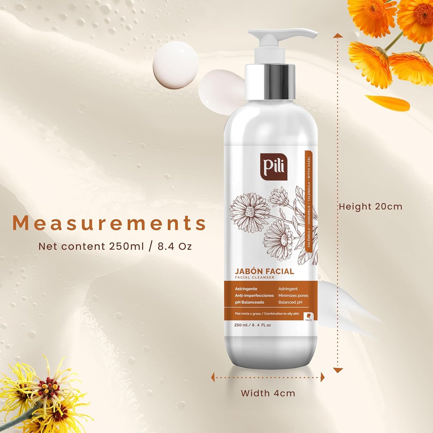 Pili Facial Cleanser with Witch Hazel and Calendula, Cleans and Exfoliates with Controlled Ph