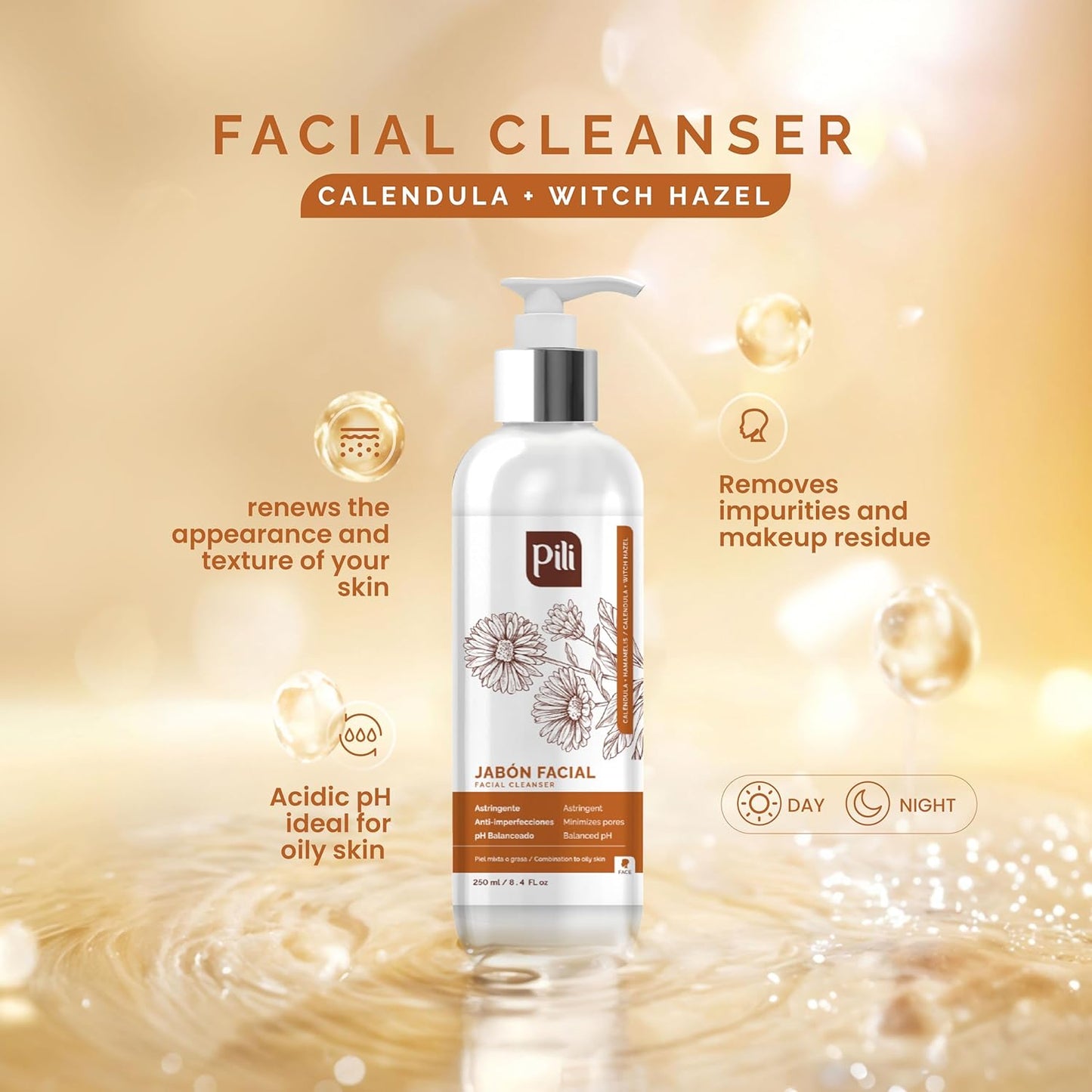 Pili Facial Cleanser with Witch Hazel and Calendula, Cleans and Exfoliates with Controlled Ph