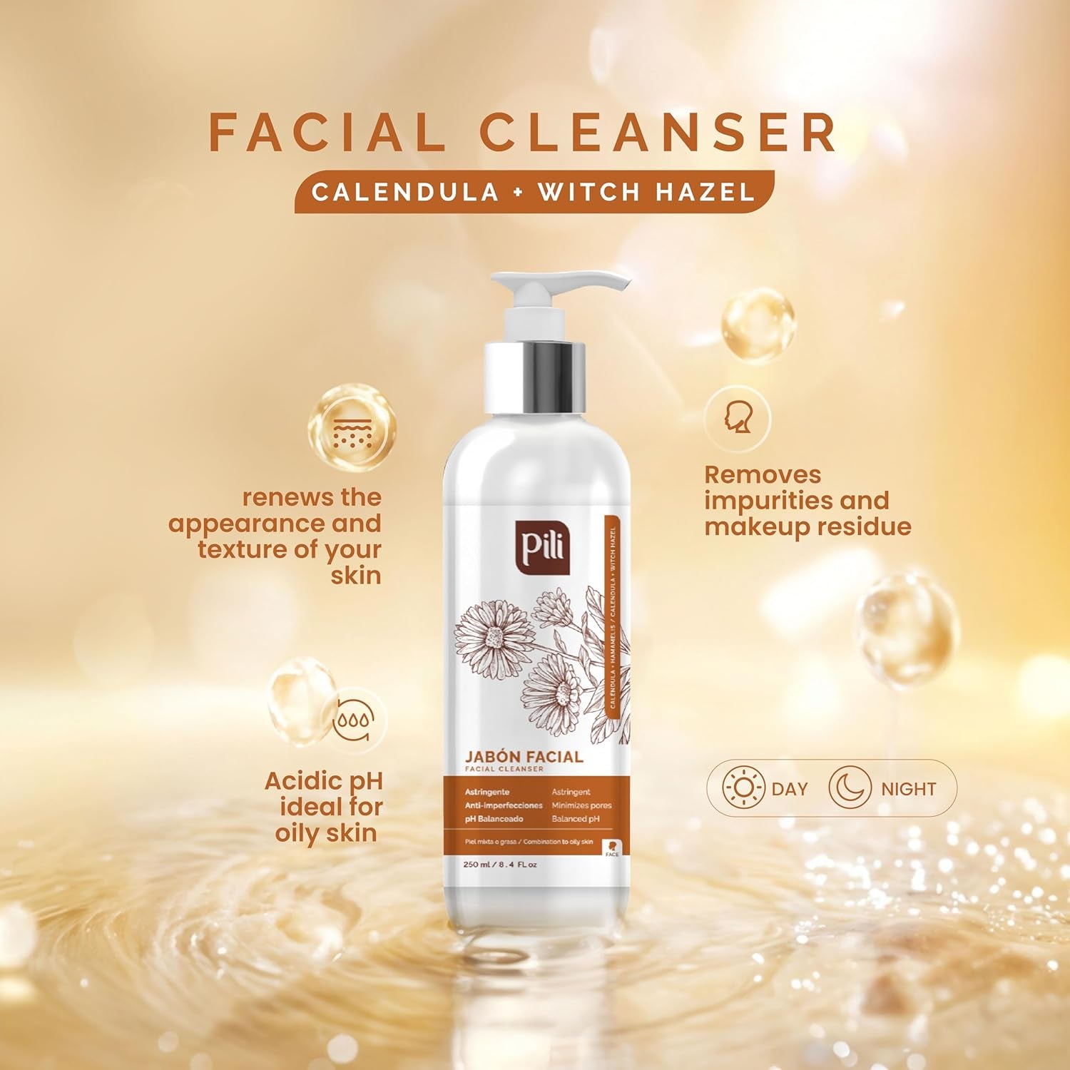 Pili Facial Cleanser with Witch Hazel and Calendula, Cleans and Exfoliates with Controlled Ph