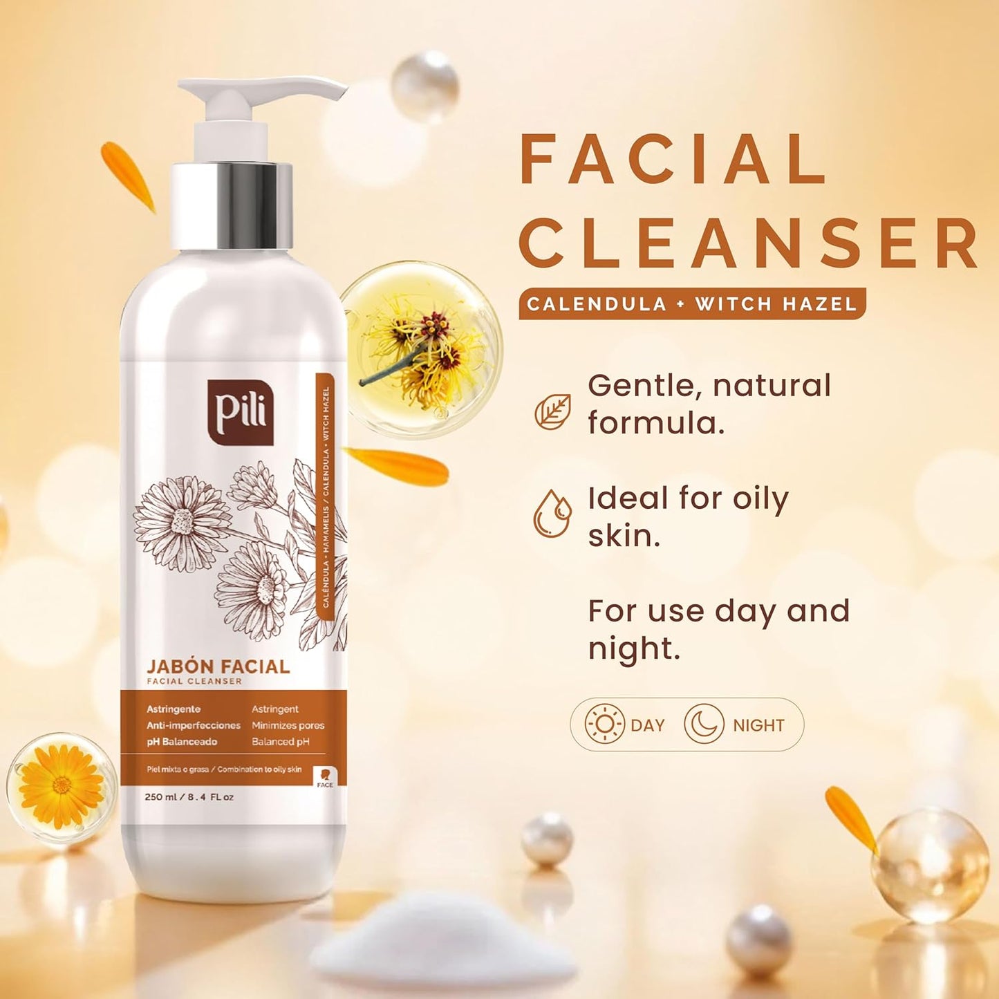 Pili Facial Cleanser with Witch Hazel and Calendula, Cleans and Exfoliates with Controlled Ph